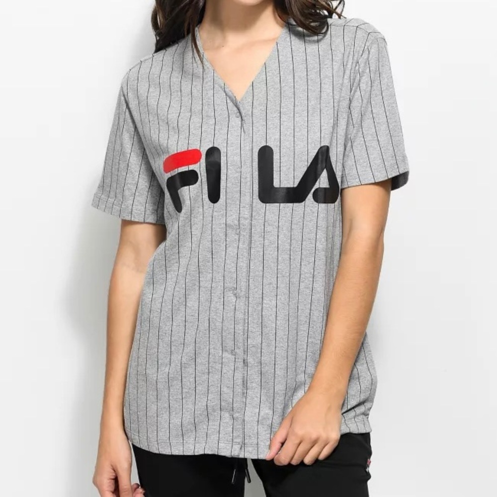FILA Stripe Grey V-Neck Button Down Baseball Tee Size Small